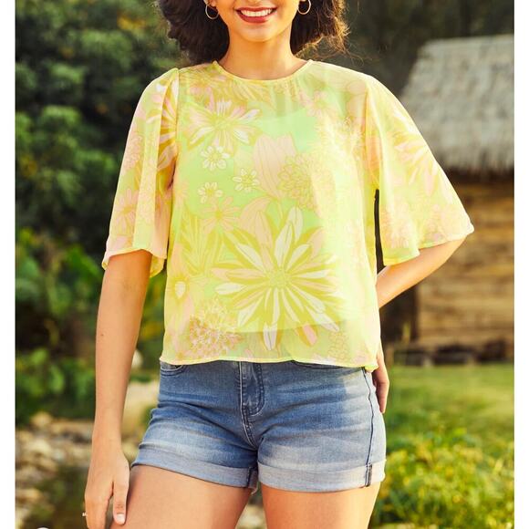 2/$25 1X 16 Plus Size Yellow Floral Sheer Flutter Sleeve ModCloth Top blouse - Picture 1 of 4